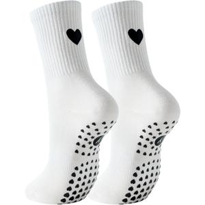 Yawlsow Pilates Grip Socks for Women Yoga Grippy Socks Cute Barre Non Skid Athletic Crew Sticky Sock Workout Hospital (One Size, 1 Pack-white-big Heart)