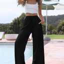 Tanming Wide Leg Linen Pants for Women Summer Flowy High Waisted Beach Palazzo Trousers (Black, M)