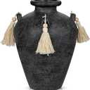 Large Decorative Ceramic Vase with Tassels, 9.4" Black Vintage Flower Vase with Handles, Textured Rustic Farmhouse Vases for Home Decor, Table Centerpiece, Living Room, Entryway, Wedding, Party Decor