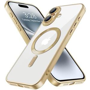 Hython Magnetic Clear for iPhone 16 Case with Camera Lens Protector [Compatible with MagSafe] Luxury Plating Edge Slim Soft TPU Cover Protective Phone Case for iPhone 16 6.1", Matte Gold