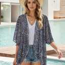 Women's Floral Print Puff Sleeve Kimono Cardigan Loose Cover Up Casual Blouse Tops (Black, M)