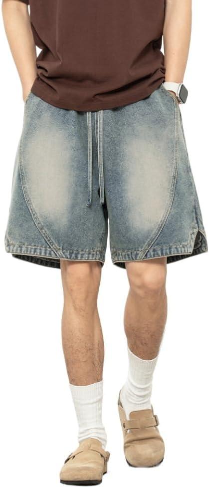 Men's Y2K Baggy Denim Shorts Loose Fit Vintage Harajuku Casual Jorts 2026 Summer Elastic Waist Alt Emo Streetwear (L)