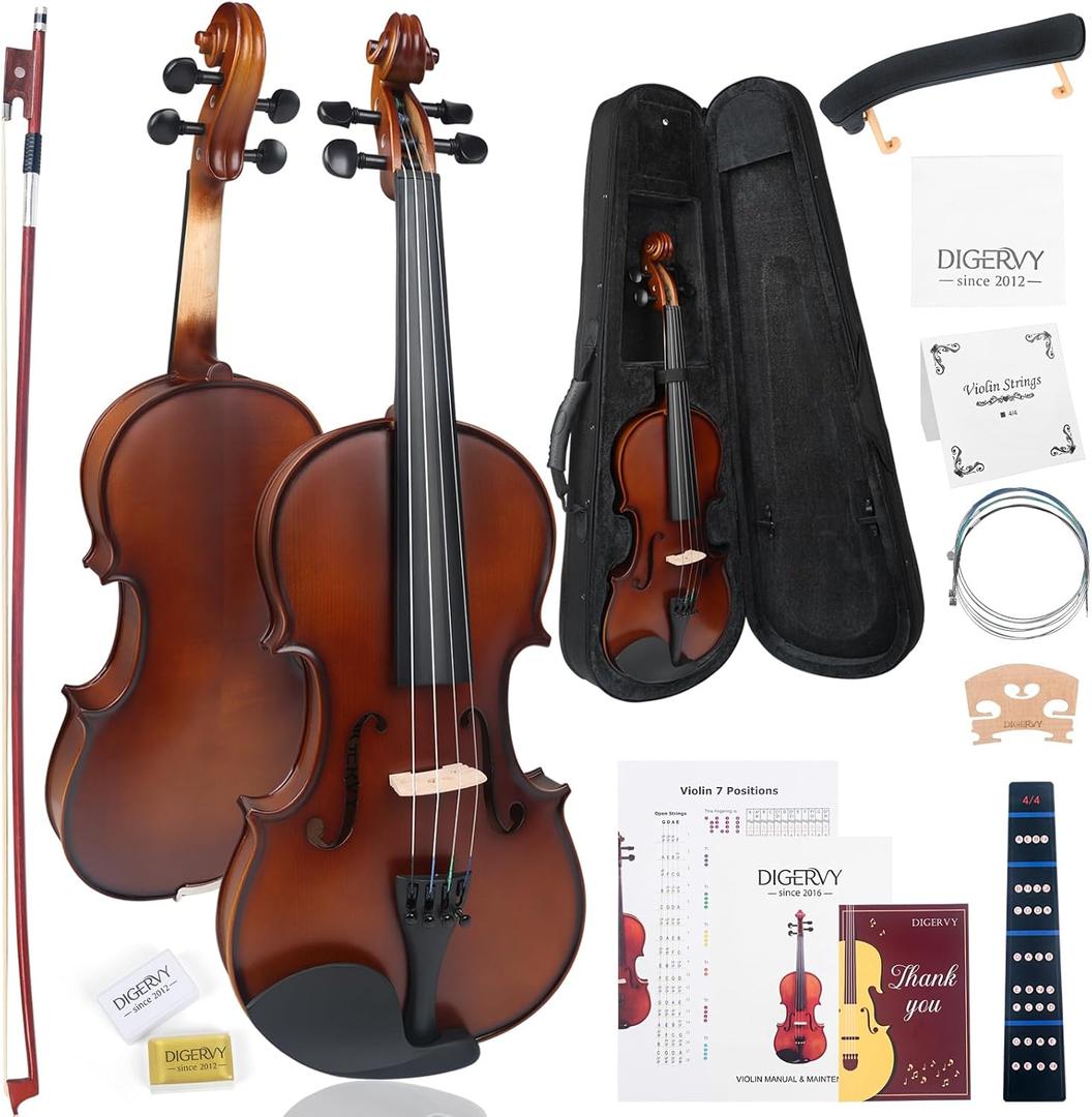 Violin 4/4 Full Size Kit, Solid Wood Acoustic Violin Fiddle Set for Beginner Adult Student Teen Kid with Violin Case, Rosewood Bow, Shoulder Rest, Extra Strings and Cleaning Cloth (Brown, Full)