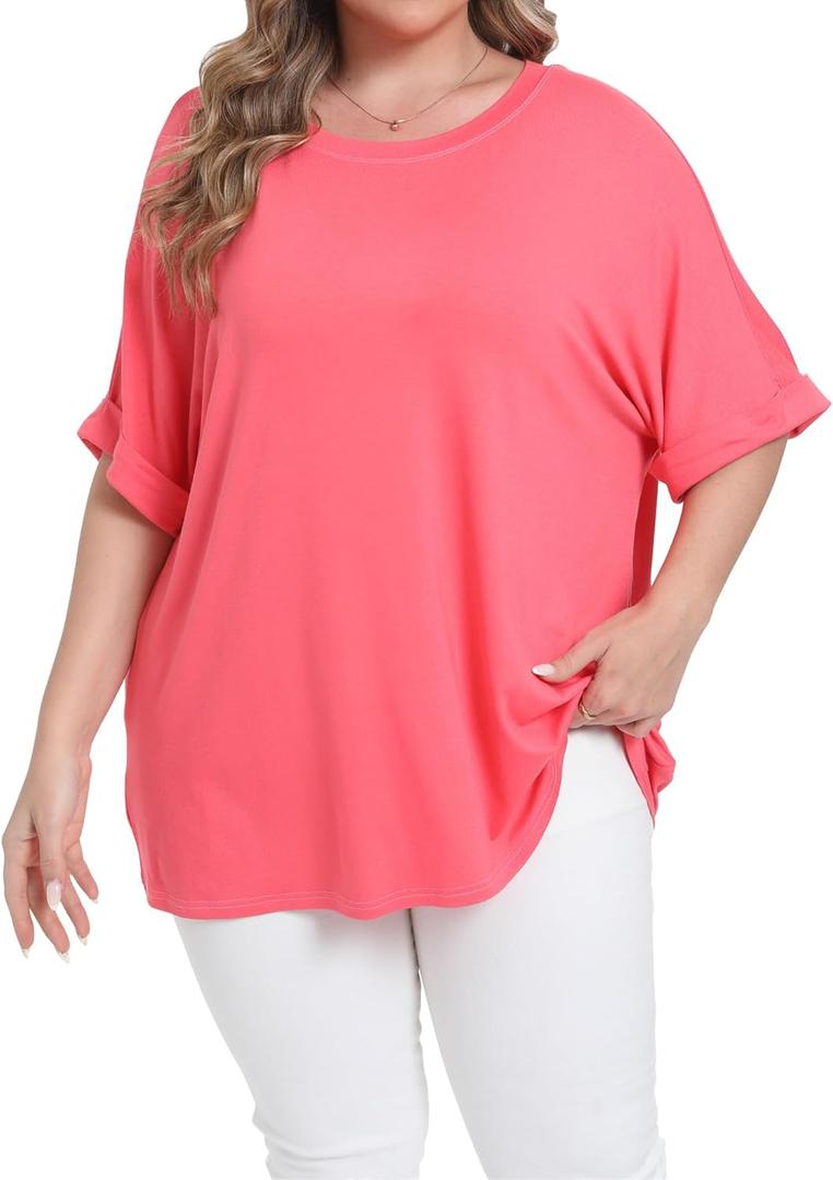 Womens Plus Size Oversized T Shirts Summer Half Sleeve Crew Neck Tops Casual Tunic Blouse (Red)