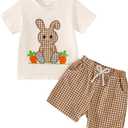 Toddler Baby Boy Easter Outfit Embroidered Bunny/Carrot T-shirt Top+Striped Pants 2PC Clothes, Size 3-4Y