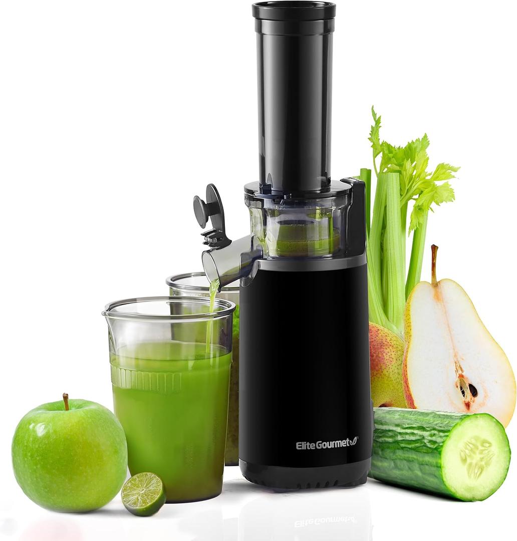 Elite Gourmet EJX600 Compact Small Space-Saving Masticating Slow Juicer Cold Press Juice Extractor, Nutrient and Vitamin Dense, BPA-Free Tritan, Easy to Clean, 16 oz Juice Cup, Charcoal Grey (Black)