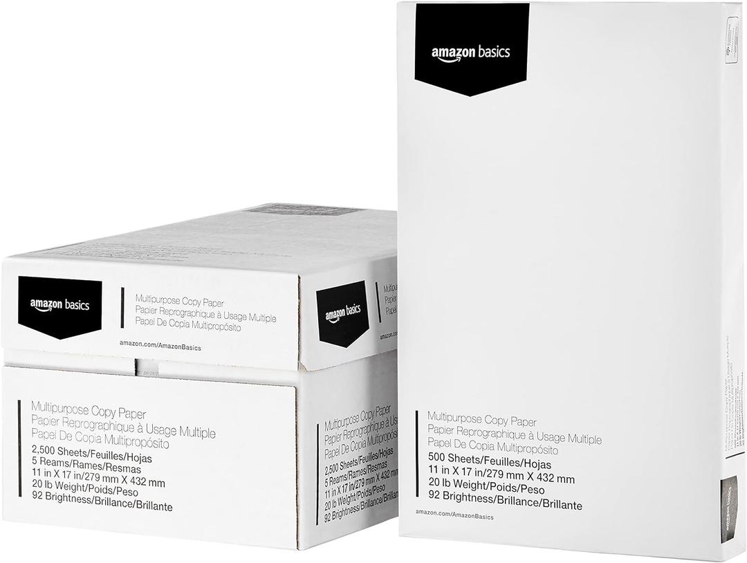 Amazon Basics Multipurpose Copy Printer Paper, 20 lb, 11 x 17 Inches, 5 Reams (2,500 Sheets), 92 Bright White