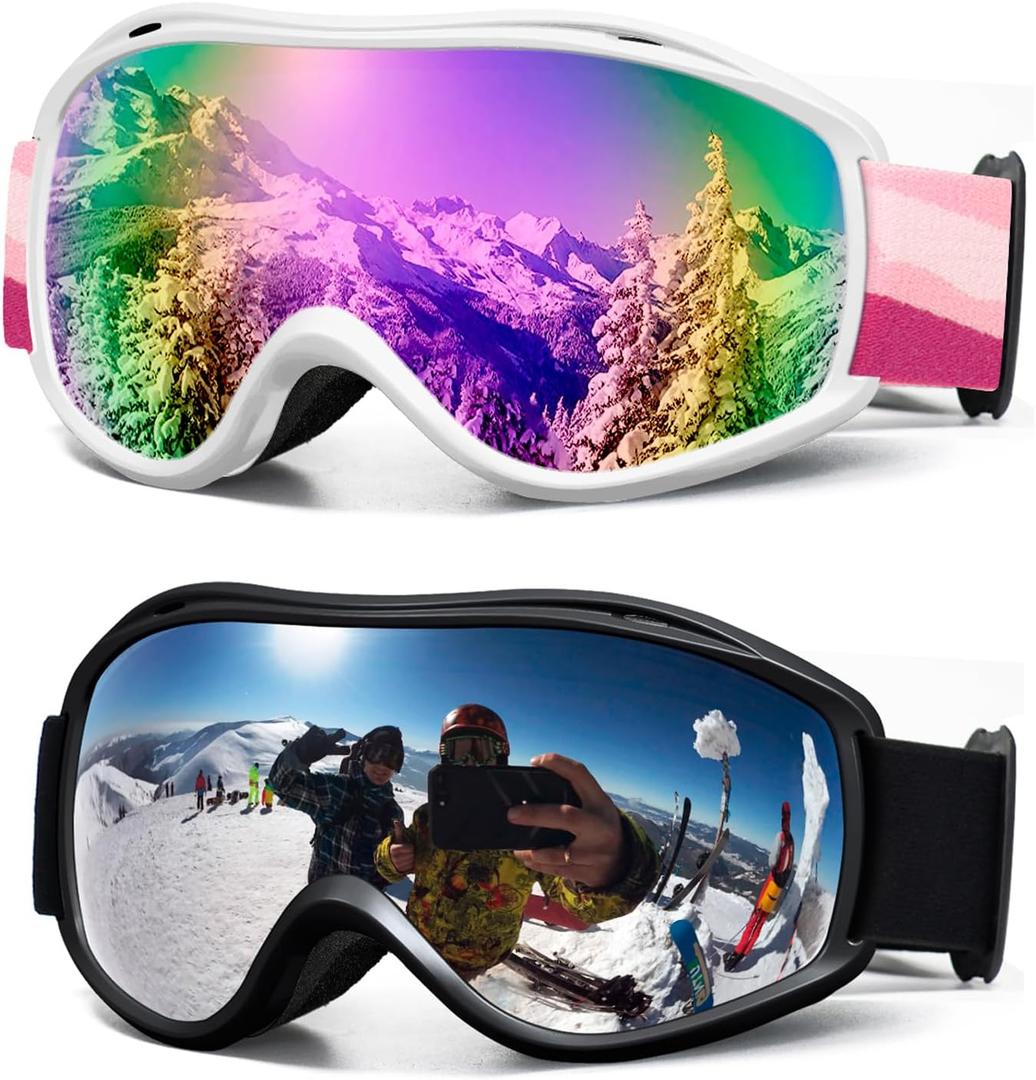 FMY Ski Snowboard OTG Goggles,Anti Fog UV400 Protection Skiing Snowmobile Goggles for Men Women Youth (White Pink & Black Silver)