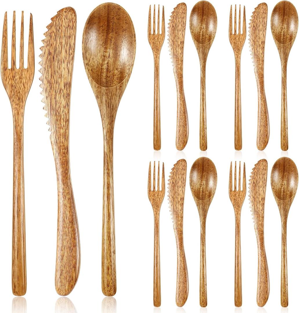 Geiserailie 12 Pcs Wooden Silverware Wood Utensils for Eating Set Wooden Spoon Fork Knife Cutlery Set Kitchen Dinner Flatware Tableware (Acacia Wood)
