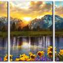 3 Pieces Mountain Canvas Wall Art for Living Room Nature Landscape Picture Sunflower Wall Decor for Bedroom Home Decoration Sunrise Grand Teton National Park Painting Framed Artwork - 20"x28"x3 Panels