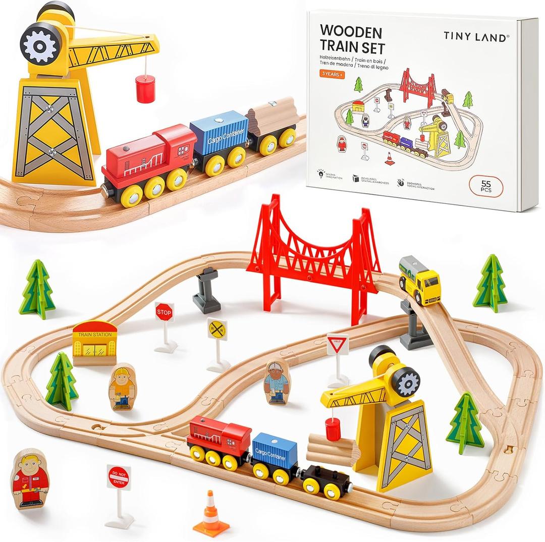 Tiny Land 55PCS Wooden Train Set - Compatible with Major Brand Tracks, Educational Toy for Toddlers & Kids Ages 3-7, Durable Wooden Railway Tracks