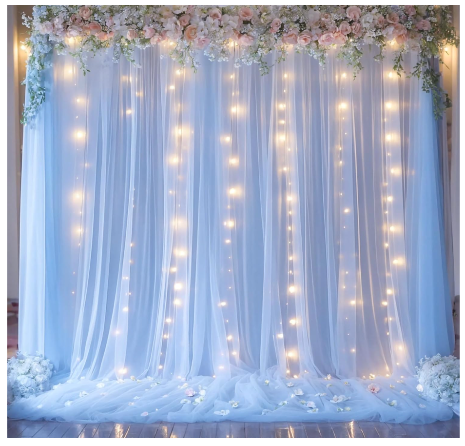 Baby Blue Backdrop Curtains with Lights String for Baby Shower Parties 2 Panels 5×10ft Sheer Tulle Backdrop Curtain Panels for Birthday Party Bridal Shower Photo Shoot Background Wall Decorations