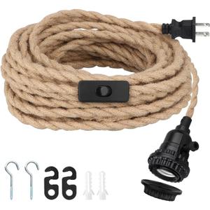 16.5FT Pendant Light Kit, Hanging Lights with Plug in Cord & Switch, Hemp Rope Swag E26 Socket Pendant Lamp, Extension Lantern Cable Vintage Farmhouse Industrial Retro DIY Decoration Fixtures