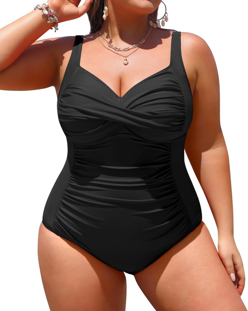 Yonique Women Plus Size One Piece Swimsuits Tummy Control Bathing Suits Twist Front Ruched Swimwear (Black)