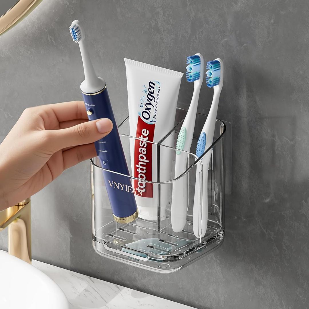 Toothbrush Holders for Bathrooms, 3 Slots Detachable Electric Toothbrush Holder Wall Mounted with Divider, Removable Tooth Brush and Toothpaste Holder Organizer for Bathroom/Kitchen/Office (Clear)