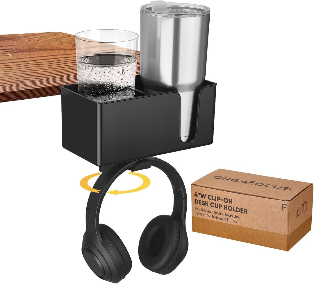 4-in-1 Clip On Desk Cup Holder - Adjustable Mountable Cup Holder with Divider & Rotating Hook - Large No Spill Clamp On Drink Holder Attachment - for Desk Chair Table Bed Tray - Black