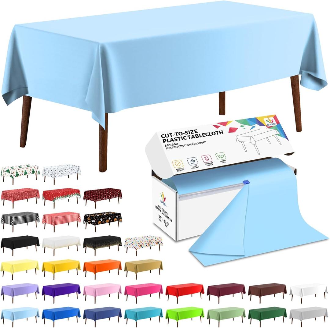 CXPSINC 54 Inch X 300 Feet Plastic Table Cover Roll Disposable Tablecloth with Slide Cutter for All Type/Shape Tables | Party, Banquet, Birthdays, Weddings(Light Blue, 300 Feet)