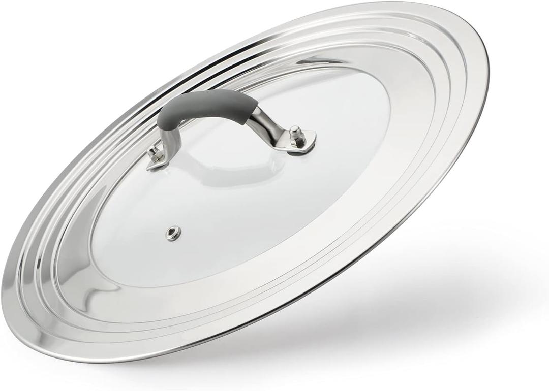 Universal Pans Pots Lid Cover Fit All 8.25 Inch to 12 Inch Pots/Pans/Woks Stainless Steel and Glass Lid with Heat Resistant Knob, Gray (Arc-shaped Handle)