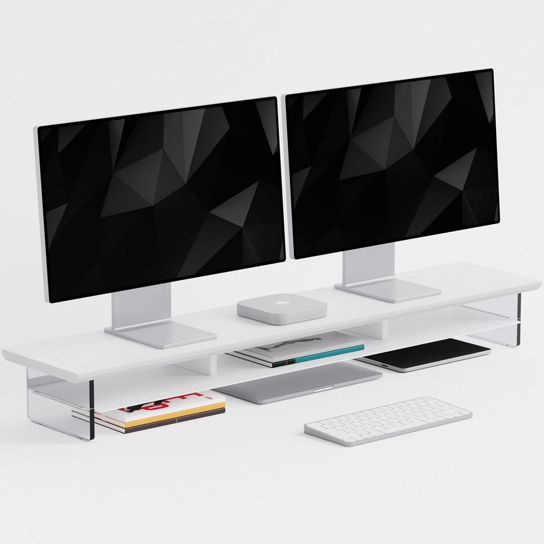 FENSULN DualTier Monitor Stand for Modern Desk Setup Minimalist Wooden and Metal Riser Shelf with Transparent Acrylic Feet for Dual Monitors, Laptops, Home Office Aesthetic, White