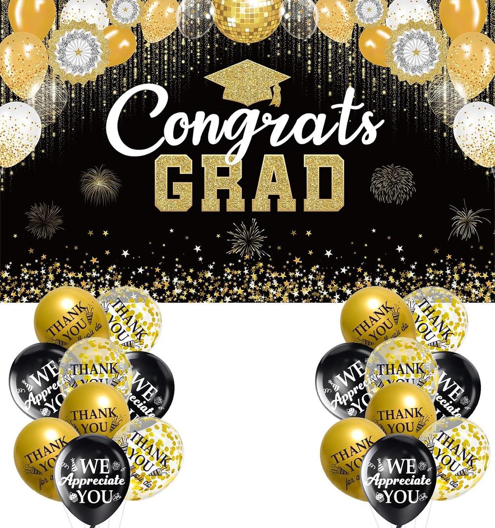 Black and Gold Congrats Grad Banner 2026, Congrats Graduation Banner Backdrop, Graduation Party Decorations for High School, College, Class of 2026 Celebrations Decorations Supplies