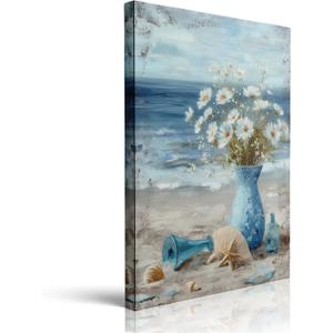 Beach Vase with Daisies Shells and Starfish on Sand Ocean Seascape Framed Canvas Wall Art Coastal Painting Prints Posters Wall Decor for Bathroom Bedroom Living Room 12x16 Inches