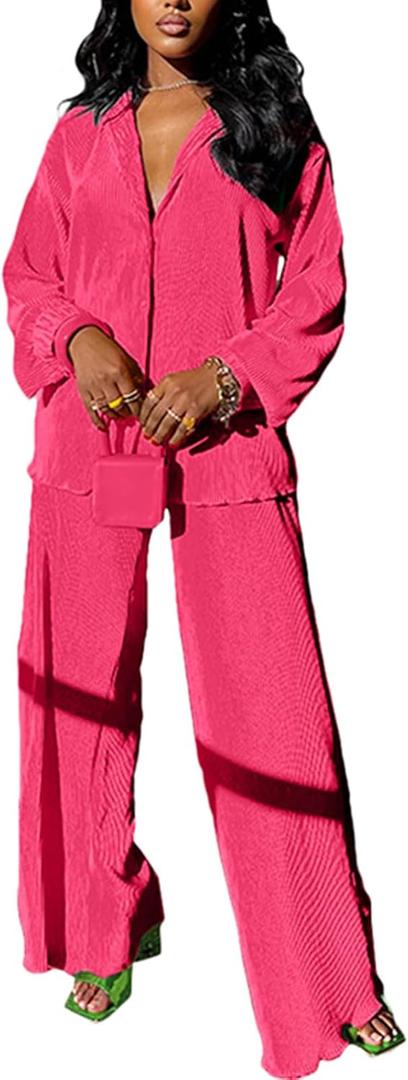 kaimimei Casual 2 Piece Outfit for Women - Linen Long Sleeve Button Down Shirt + Flare Pleated Wide Leg Pants Sets Streetwear (Medium, Dark Pink)