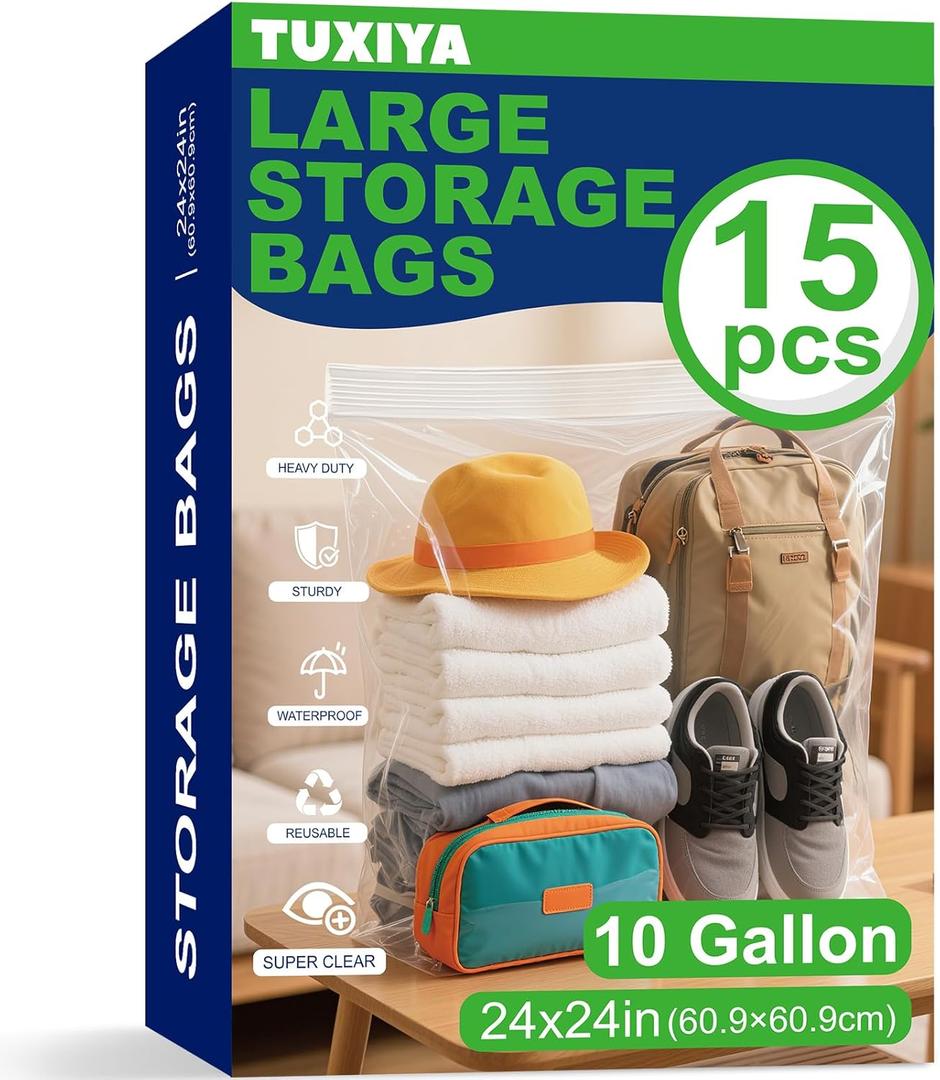 TUXIYA 15PACK 10 Gallon Extra Large Zipper Plastic Bags for Storage 24'' x 24'',Extra Large Clear Zipper Bags Reusable for Clothes, Home Moving, Travel, Camping, Thick 6 Mil