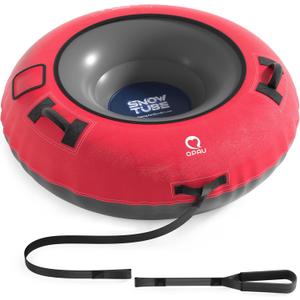 QPAU Snow Tube with Premium Canvas Cover for Kids and Adults, 48'' Inflatable Heavy Duty Snow Tube Made by Thickened Bottom, Sled Winter Outdoor Fun Toys for Children Boys Girls (Red)