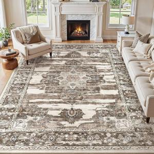 Washable 8x10 Area Rug for Living Room & Dining Room - Large Vintage Soft Carpet with Non-Slip Backing, Stain Resistant Low-Pile Indoor Rug for Home Office, Kid & Pet Friendly- Dark Brown