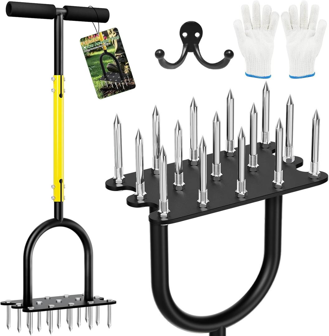 Lawn Aerator Tool, Spike Metal Manual Aerators with 15 Iron Spikes, T Handle and Wide Foot Plate, Easily Assemble Dethatching Soil Aerating Yard Grass Hand Garden Tool for Revives Lawn Health