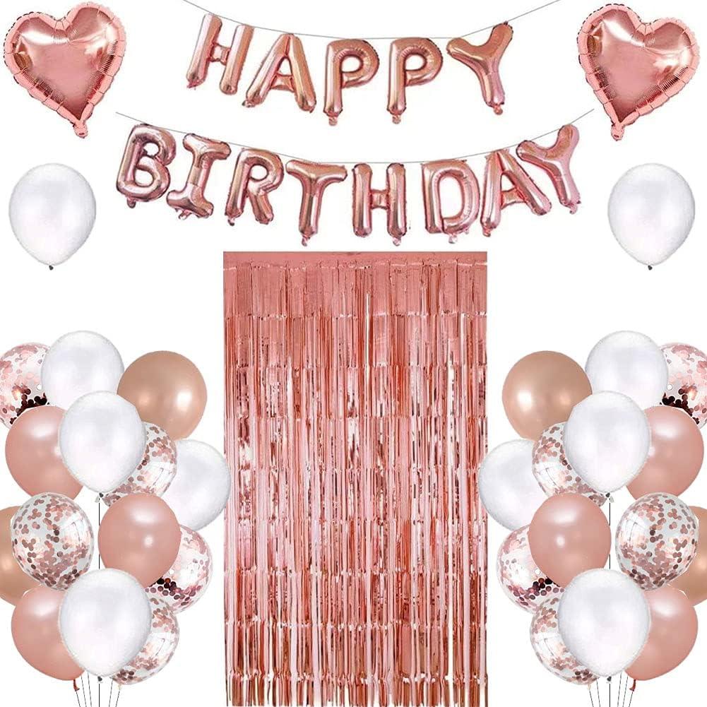 Morofme Rose Gold Birthday Party Decorations Set with Rose Gold Happy Birthday Balloon Banner Confetti and Latex Balloons Heart Foil Balloon Fringe Curtain for Shower Party Supplies