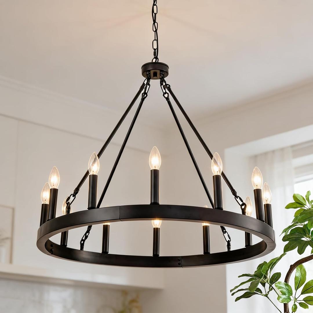 Black Wagon Wheel Chandelier 32 Inch, 12-Light Industrial Farmhouse Ceiling Light Fixture, Round Modern Rustic Chandelier for High Ceiling Living Room, Dining Room, Foyer, Entryway, Covered Porch