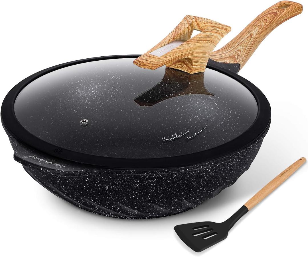 Nonstick Woks And Stir Fry Pans Die-cast Aluminum Scratch Resistant 100% PFOA Free Induction Wok pan with Lid 12.6 Inch - Black