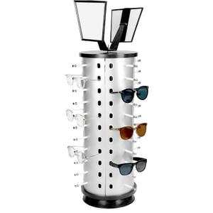 QWORK Glasses Holder Organizer, Rotating Sunglasses Display Stand, 44 Pairs Sunglasses Holder Eyeglass Display Turning Stand with Mirror, Store Countertop Eyeglasses Rack