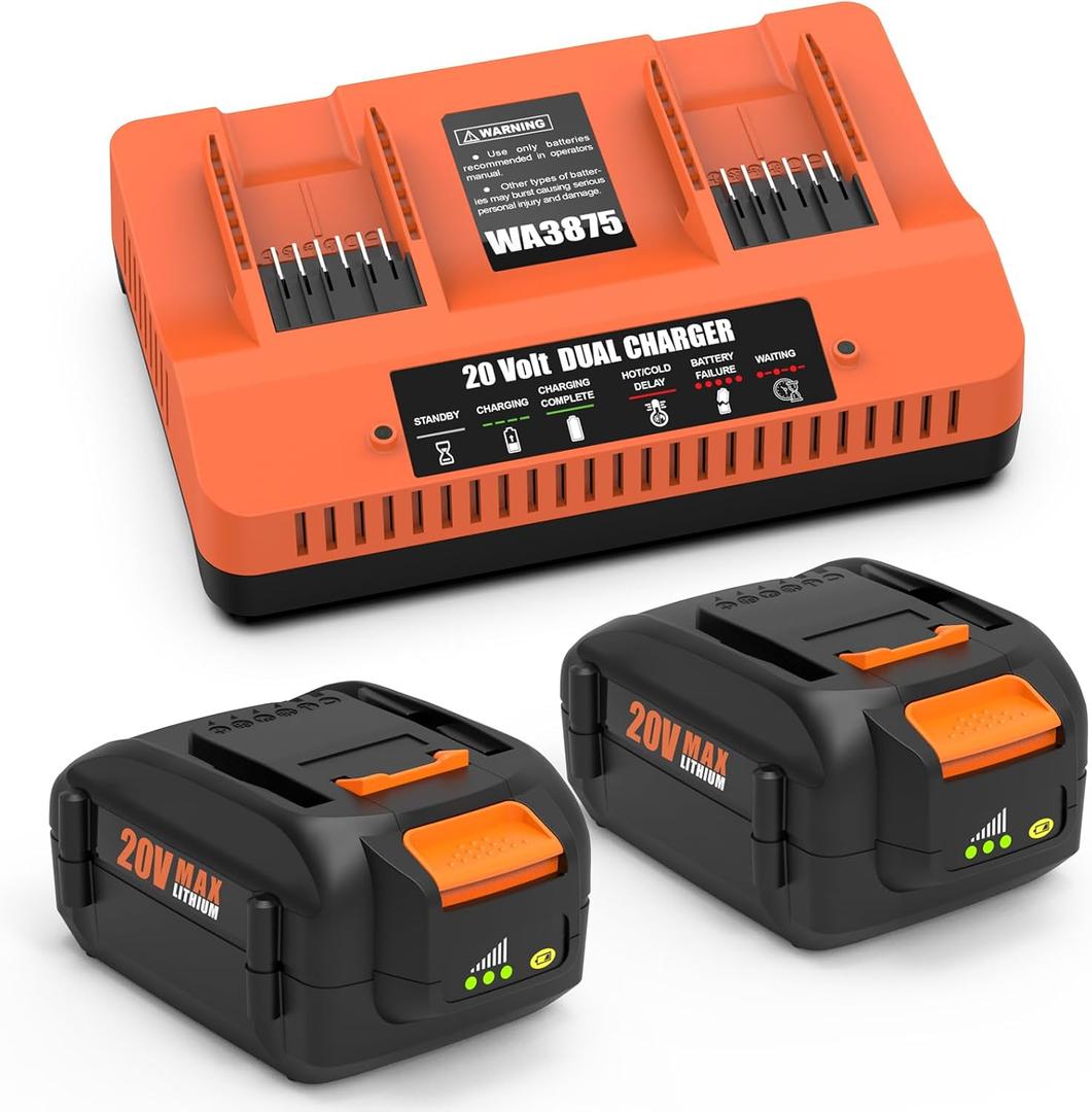 2Pack 20V 6.0 Ah Battery Replacement for Worx WA3525, WA3520, WA3575, WA3578,WA3669 and 20 Volt Dual Port Battery Charger Replacement WA3875
