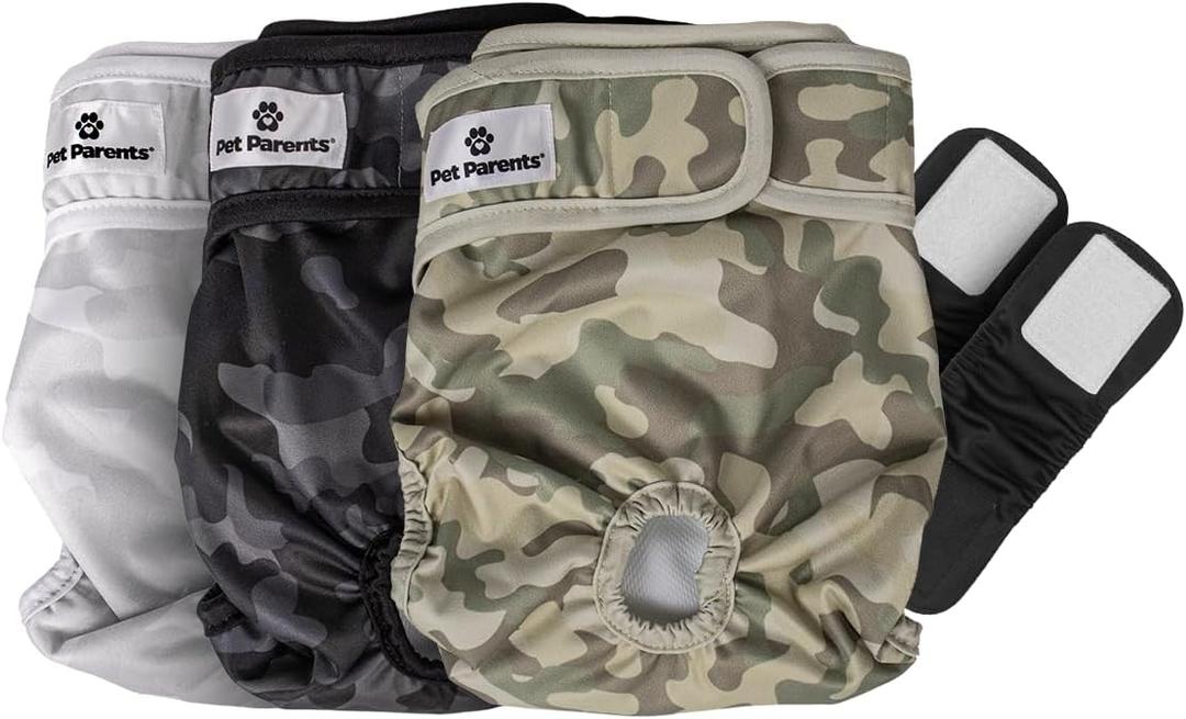 Pet Parents Washable Dog Diapers (3pack) + Extendrs of Durable Doggie Diapers, Premium Dog Diapers Female & Male (Medium, Camo)
