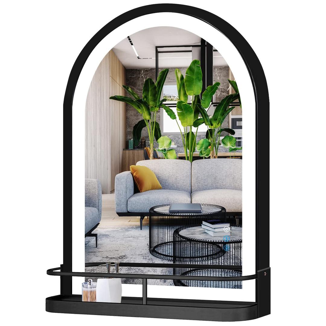 THEKLA 24 x 32 Inch Black Arched Light Vanity Mirror with Shelf Storage Arch LED Wall Mirror with Shelf Light 3 Color Dimmable Anti Fog Smart 32" Black Arched LED Bathroom Mirror with Shelf and Lights