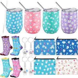 16 Pcs Dental Hygienist Gifts Bulk Include 12 oz Teeth Stainless Steel Tumbler Cosmetic Bag Tooth Shape Keychain Tooth Socks Dental Assistant Gifts for Christmas Nurse Graduation Accessories