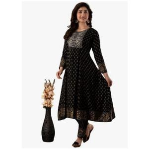 Women's Embroidered Anarkali Kurti Pants Set with Cotton Dupatta Flared Long Ethnic Dress for Partywear, M