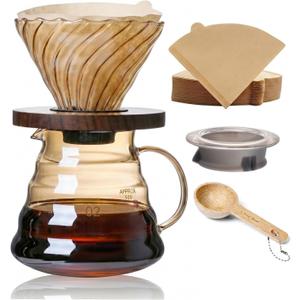 Pour Over Coffee Maker Set 20 oz, 600 ml Borosilicate Glass Coffee Server with Glass Lid, 50 pcs Paper Filter, Walnut Handle Pour Over Coffee Dripper for Home Caf Restaurant, Gold