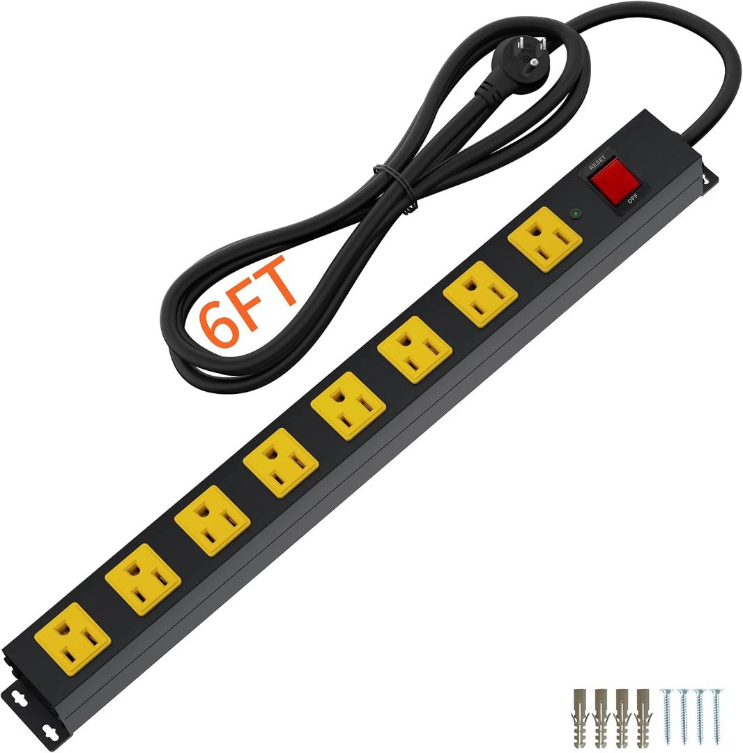 8 Outlet Metal Heavy Duty Long Power Strip, 2100J Surge Protector with 6 FT Extension Cord, Wide Spaced and Wall Mount Powerstrip for Home, Industrial, Workshop & Garage (6FT)