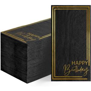 Horaldaily Birthday Disposable Paper Decorative Guest Napkins, Happy Birthday Gold Foil Black Elegant Celebration Hand Towel for Party Lunch Dinner Kitchen Bathroom (4.3 X 7.9 inches)