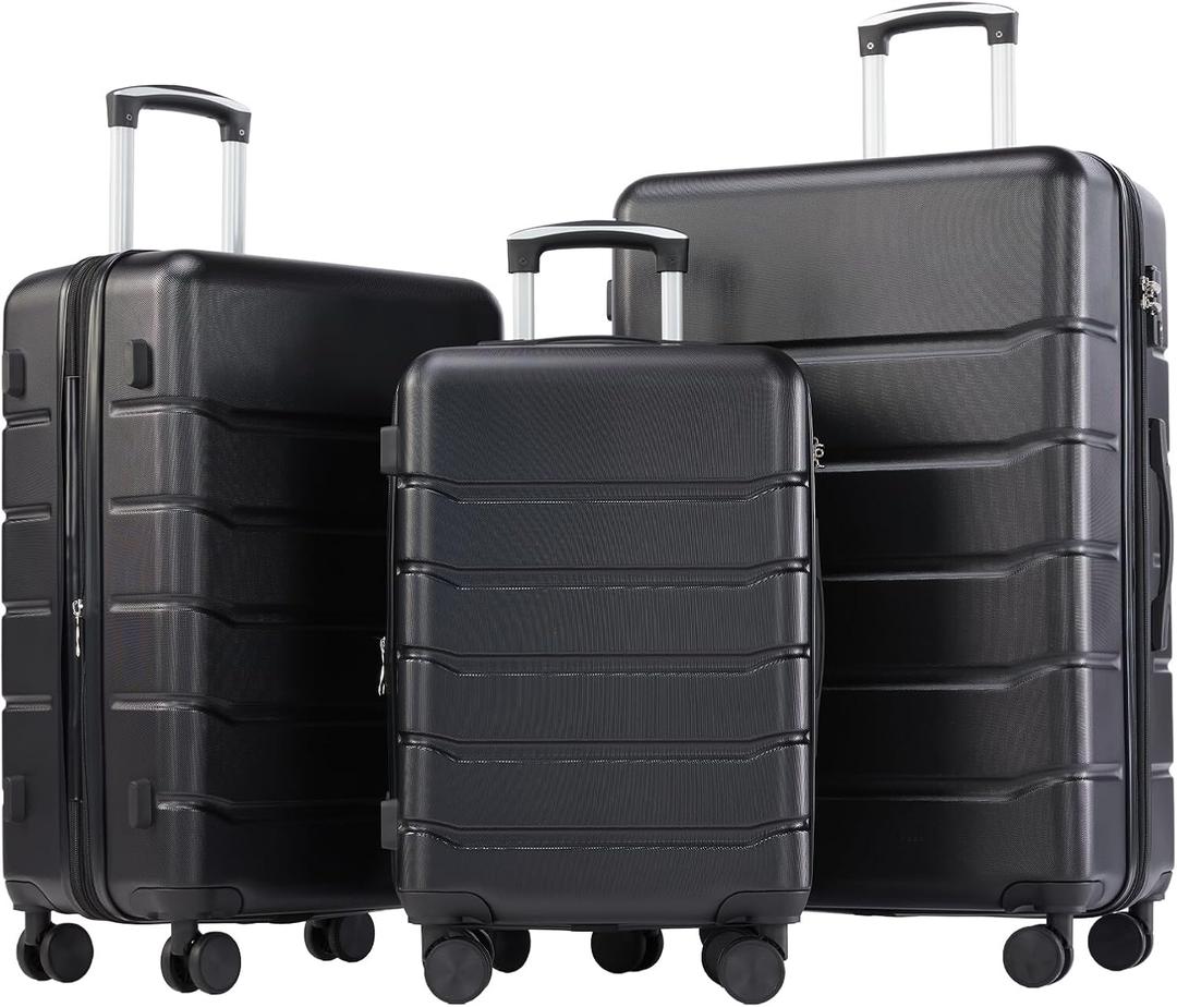OLIXIS 3-Piece Luggage Set, Carry On Suitcases with Spinner Wheels, Expandable Travel Luggage with TSA Approved Lock & ABS Hard Shell, Black, 20/24/28 Inch
