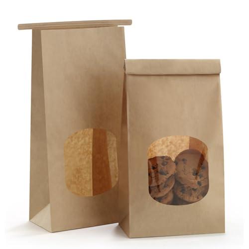 BagDream Bakery Bags with Window 100pcs 4.5x2.36x9.6 Inches Window Tin Tie Tab Lock Kraft Brown Paper Bags for Coffee Bean, Cookies, Treat, Snack