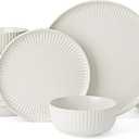 Famiware Starlight 18-Piece Plates and Bowls Sets for 6, Stoneware Dinnerware with Ribbed Textured, Handcrafted Reactive Glaze Dishes - Dishwasher & Microwave Safe, Chip/Scratch Resistant, Matte White