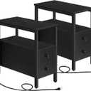 HOOBRO Set of 2 End Tables with Charging Station, Narrow Side Table with Drawers & USB Ports & Power Outlets, Nightstand for Small Spaces, Living Room, Stable and Sturdy, Black BK541BZP201