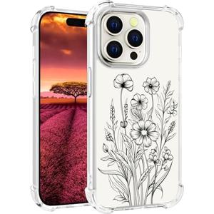 Topgraph Compatible with iPhone 15 Pro Case Designer Cute Clear for Women,Cool Transparent Silicone Phone Cases Cover - Black Flowers Line Art 2 Pack
