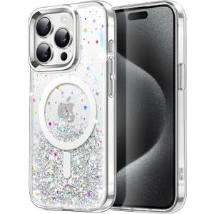 JETech Glitter Case for iPhone 15 Pro Max 6.7-Inch Compatible with MagSafe, Clear Cute Bling Sparkle for Women and Girls, Shiny Shockproof Magnetic Sparkly Phone Cover (Clear)