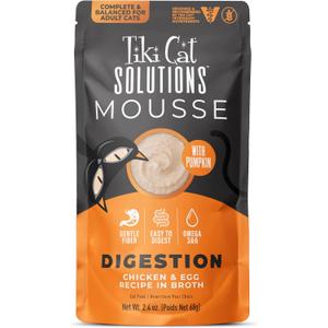 Tiki Cat Solutions Digestion Mousse, Chicken & Egg Recipe in Broth, Formulated to Support Healthy Digestion, Functional Wet Cat Food, 2.4 oz. Pouch (12 Count) (EXP 03/02/28)