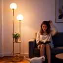 Lightdot 63IN Gold Floor Lamp with Table, 2 Globe Mid Century Standing Lamps with Warm White LED Bulbs, Unique U-Pole Vintage Tall Floor Lamp for Living Room/Wedding/Party/Sofa Beside/Corner Decor
